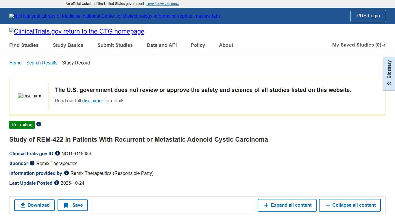 Study Details NCT06118086 Study of REM-422 in Patients With Recurrent or Metastatic Adenoid Cystic Carcinoma ClinicalTrials.gov