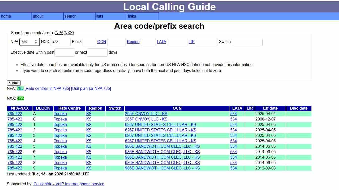 Local calling guide: NPA-NXX search